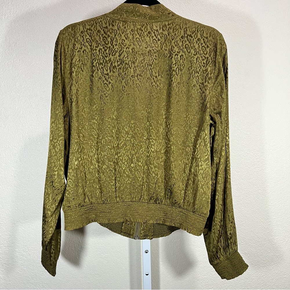 Maeve By Anthropologie Bomber Jacket Womens Sz S Green Gold Leopard Slinky Zip - Picture 6 of 7
